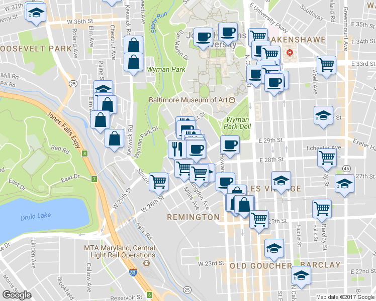 map of restaurants, bars, coffee shops, grocery stores, and more near 2926 Remington Avenue in Baltimore