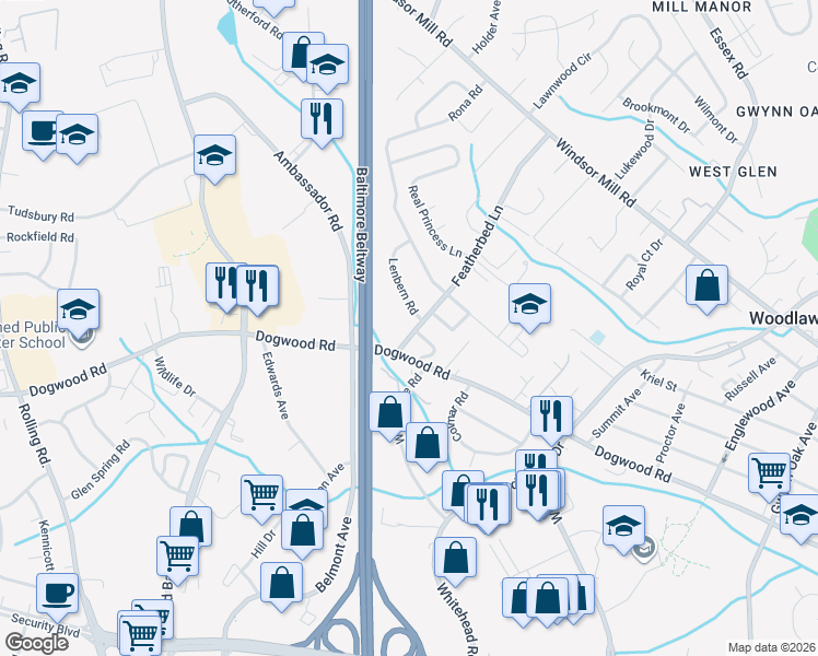 map of restaurants, bars, coffee shops, grocery stores, and more near 1906 Featherbed Lane in Lochearn