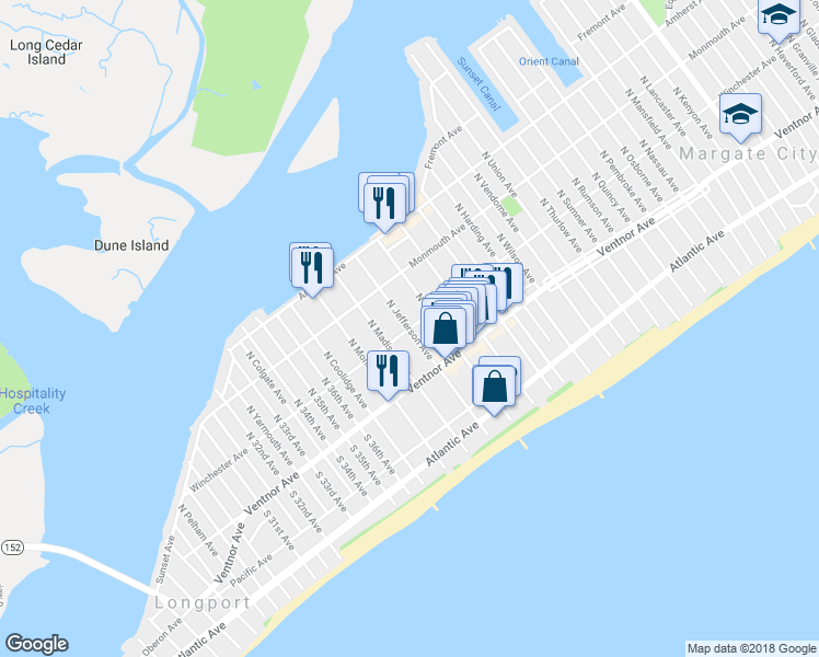 map of restaurants, bars, coffee shops, grocery stores, and more near 99 North Jefferson Avenue in Margate City