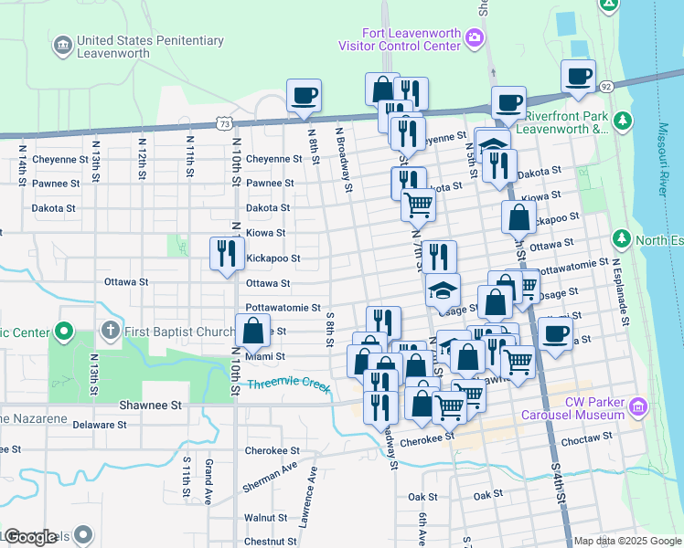 map of restaurants, bars, coffee shops, grocery stores, and more near 772 Ottawa Street in Leavenworth