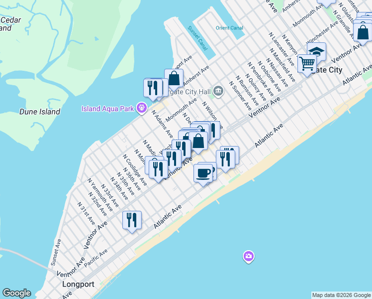 map of restaurants, bars, coffee shops, grocery stores, and more near 18 North Adams Avenue in Margate City