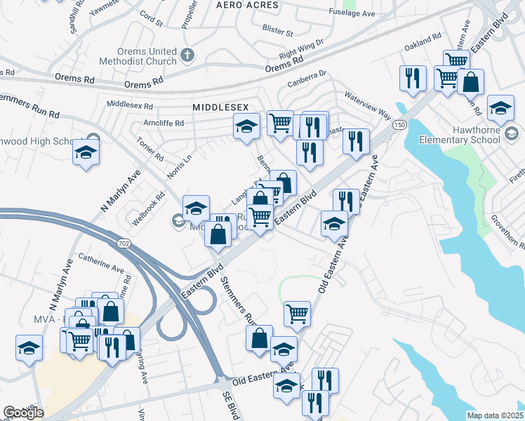 map of restaurants, bars, coffee shops, grocery stores, and more near 1722 Earhart Road in Essex