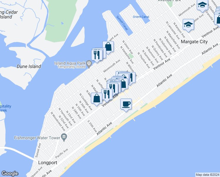 map of restaurants, bars, coffee shops, grocery stores, and more near 18 North Adams Avenue in Margate City