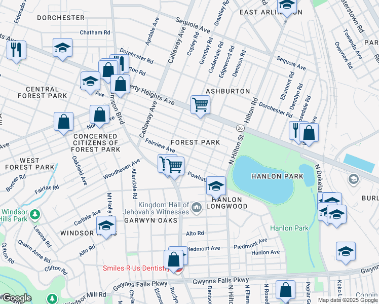 map of restaurants, bars, coffee shops, grocery stores, and more near 3500 Fairview Avenue in Baltimore