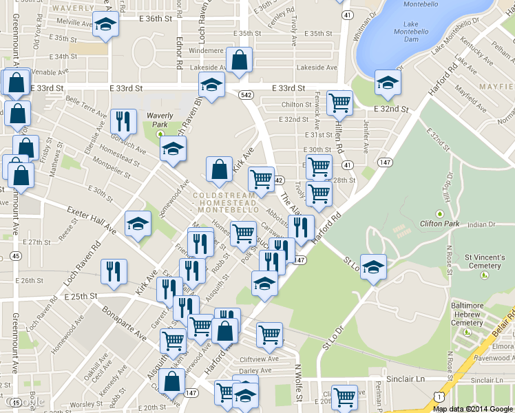 map of restaurants, bars, coffee shops, grocery stores, and more near 1609 Abbotston Street in Baltimore