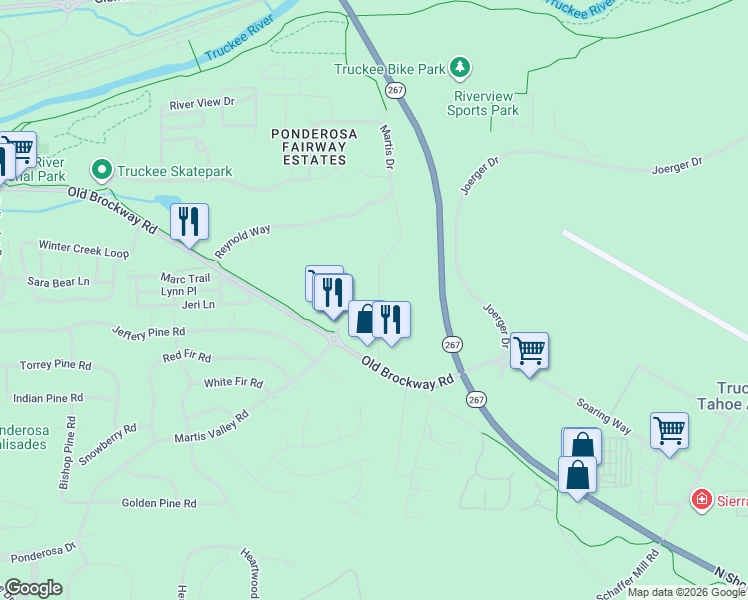 map of restaurants, bars, coffee shops, grocery stores, and more near 11325 Brockway Road in Truckee