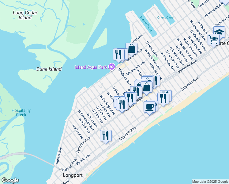 map of restaurants, bars, coffee shops, grocery stores, and more near 112 North Madison Avenue in Margate City