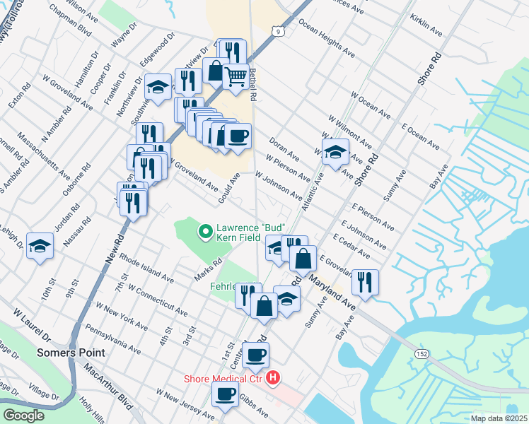 map of restaurants, bars, coffee shops, grocery stores, and more near 410 Bethel Road in Somers Point