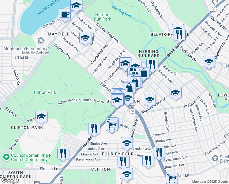 map of restaurants, bars, coffee shops, grocery stores, and more near 2916 Erdman Avenue in Baltimore