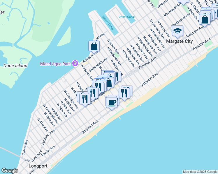 map of restaurants, bars, coffee shops, grocery stores, and more near 9223 Ventnor Avenue in Margate City