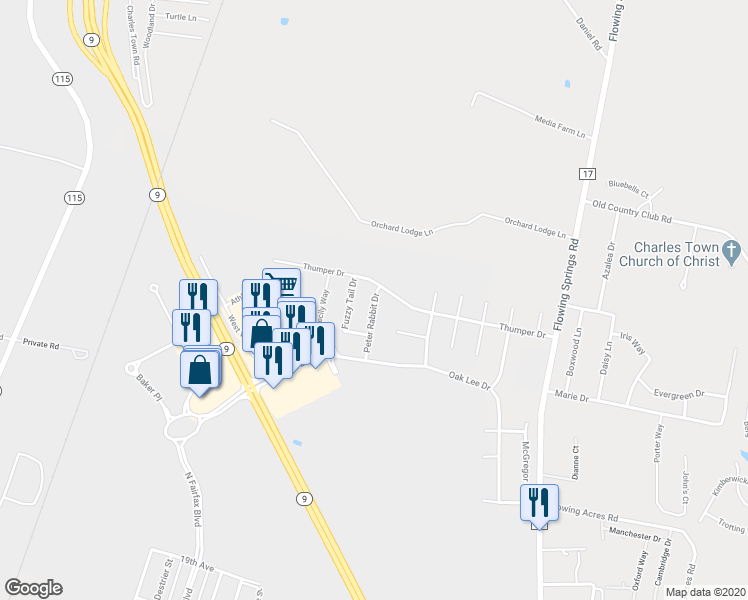 map of restaurants, bars, coffee shops, grocery stores, and more near 140 Peter Rabbit Drive in Ranson