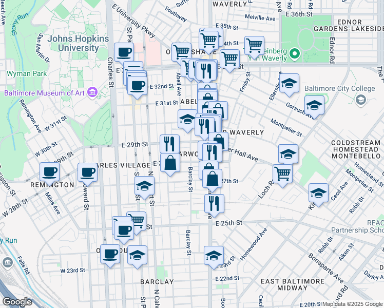 map of restaurants, bars, coffee shops, grocery stores, and more near 401 Ilchester Avenue in Baltimore
