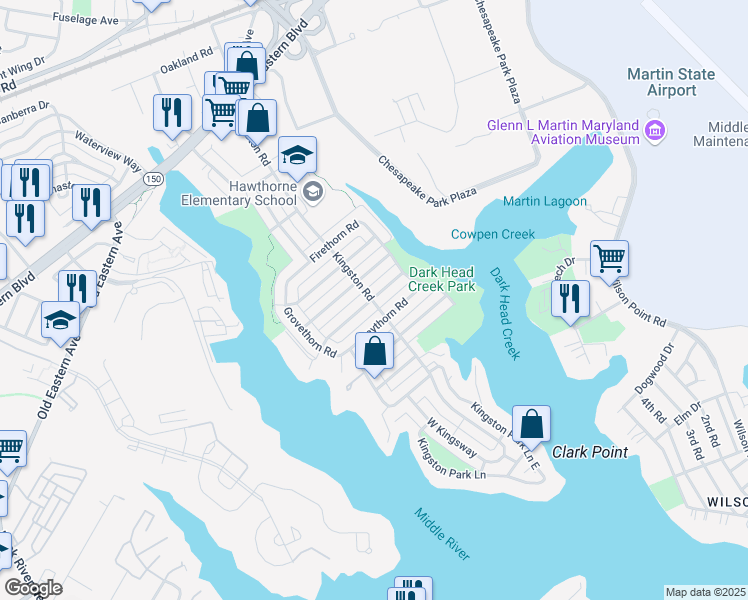 map of restaurants, bars, coffee shops, grocery stores, and more near 2202 Vailthorn Road in Middle River