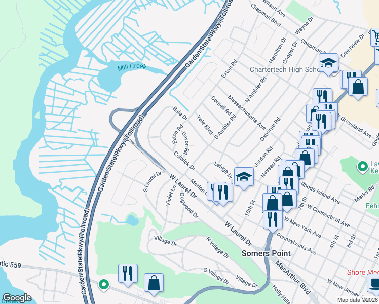 map of restaurants, bars, coffee shops, grocery stores, and more near 122 South Ambler Road in Somers Point