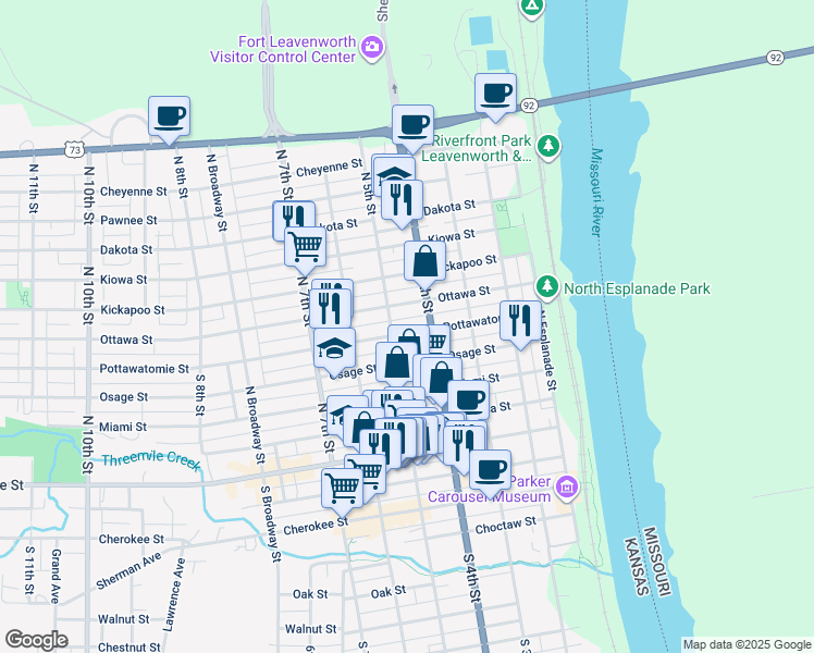 map of restaurants, bars, coffee shops, grocery stores, and more near 418 Pottawatomie Street in Leavenworth
