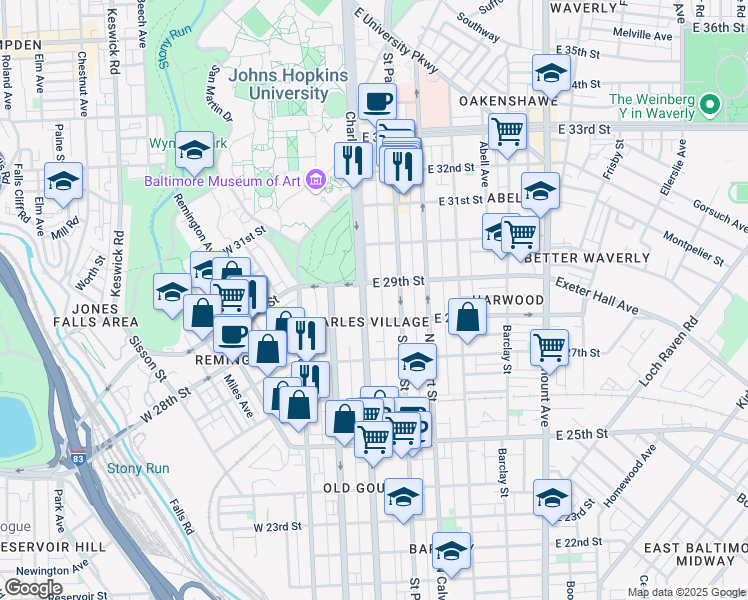 map of restaurants, bars, coffee shops, grocery stores, and more near 2801 North Charles Street in Baltimore