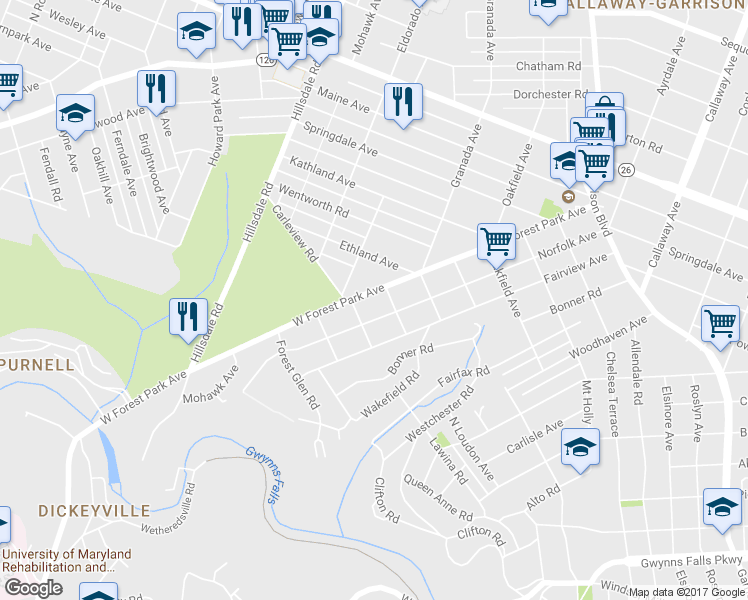 map of restaurants, bars, coffee shops, grocery stores, and more near 4405 West Forest Park Avenue in Baltimore
