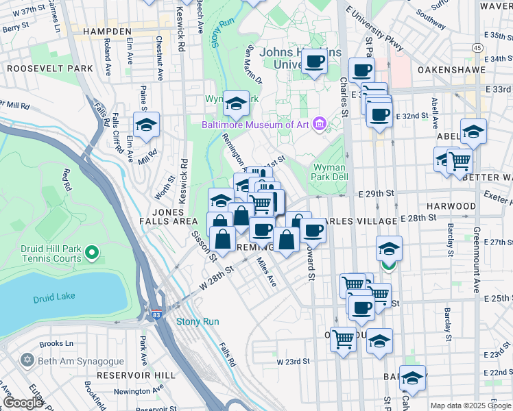 map of restaurants, bars, coffee shops, grocery stores, and more near 321 West 30th Street in Baltimore