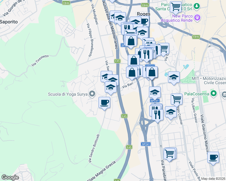 map of restaurants, bars, coffee shops, grocery stores, and more near 98 Via Bari in Quattromiglia