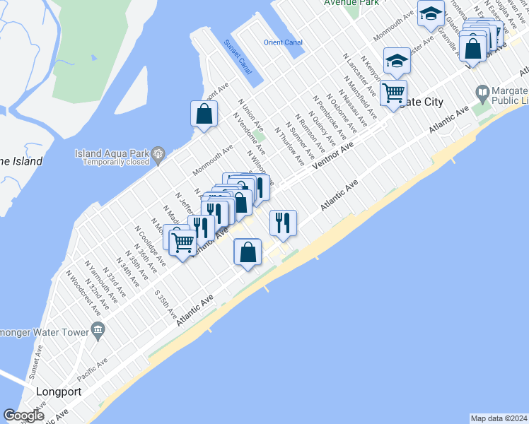map of restaurants, bars, coffee shops, grocery stores, and more near 8 South Benson Avenue in Margate City