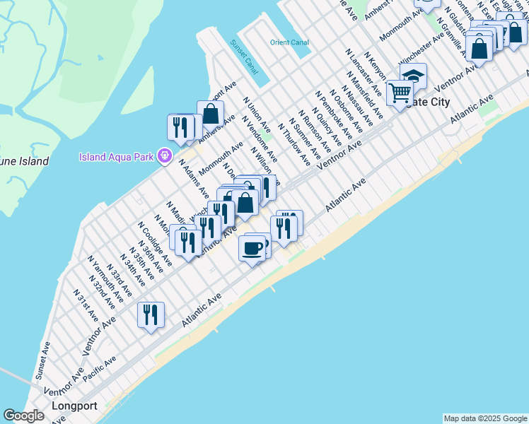 map of restaurants, bars, coffee shops, grocery stores, and more near 8 South Benson Avenue in Margate City