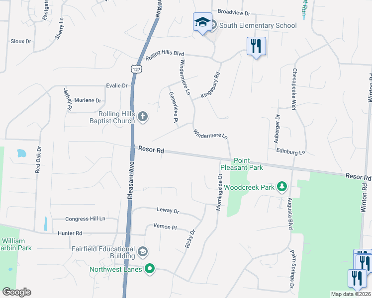 map of restaurants, bars, coffee shops, grocery stores, and more near 1866 Resor Road in Fairfield
