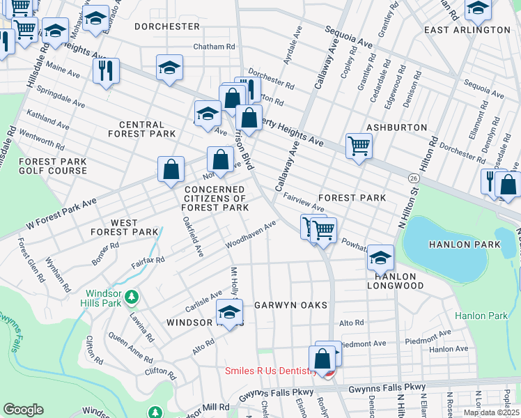 map of restaurants, bars, coffee shops, grocery stores, and more near 3020 Garrison Boulevard in Baltimore