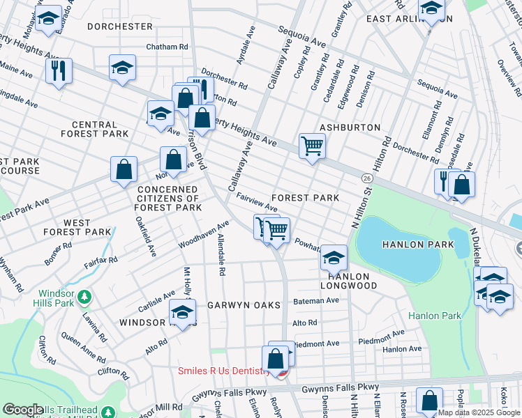 map of restaurants, bars, coffee shops, grocery stores, and more near 3603 Fairview Avenue in Baltimore