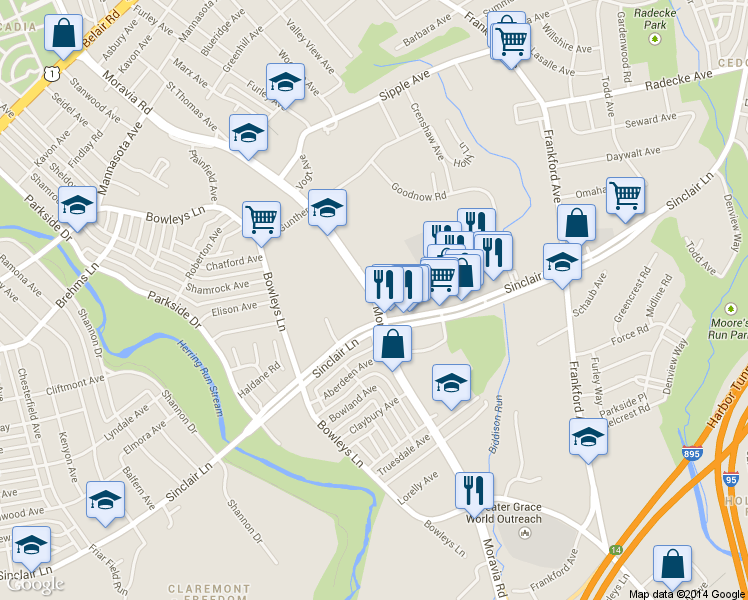map of restaurants, bars, coffee shops, grocery stores, and more near 5305 Moravia Road in Baltimore