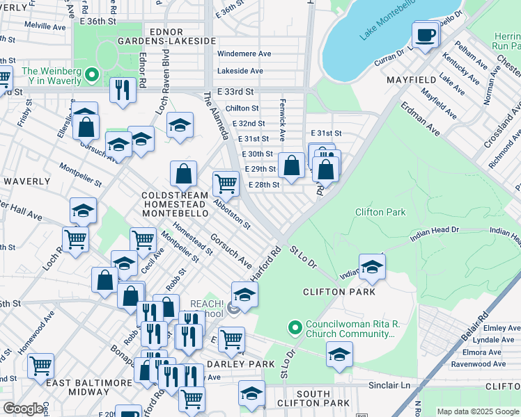 map of restaurants, bars, coffee shops, grocery stores, and more near 2767 The Alameda in Baltimore