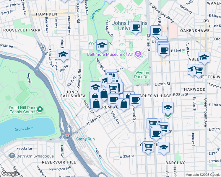 map of restaurants, bars, coffee shops, grocery stores, and more near 321 West 30th Street in Baltimore