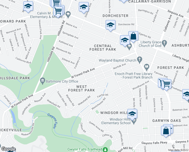 map of restaurants, bars, coffee shops, grocery stores, and more near Granada Ave & Norfolk Ave in Baltimore
