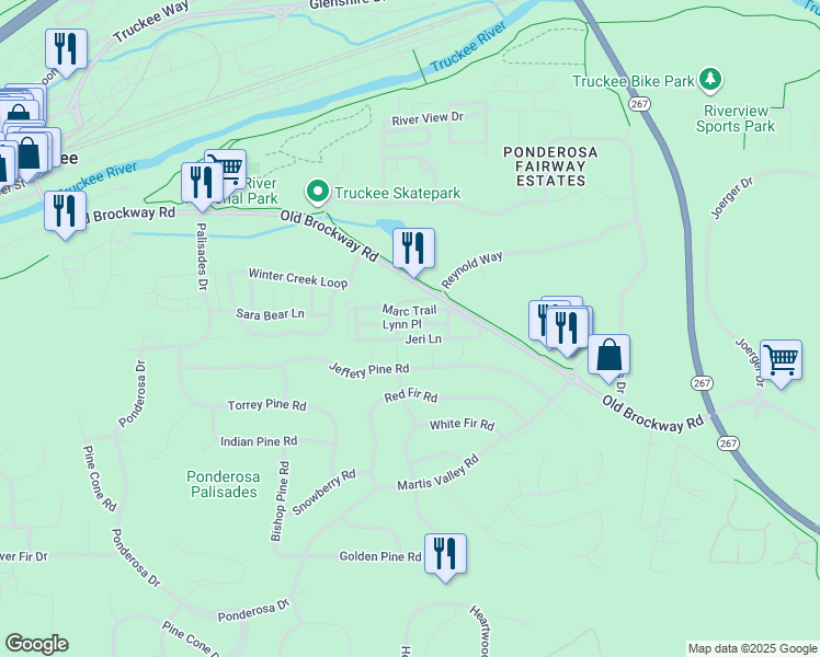 map of restaurants, bars, coffee shops, grocery stores, and more near 11070 Brockway Road in Truckee