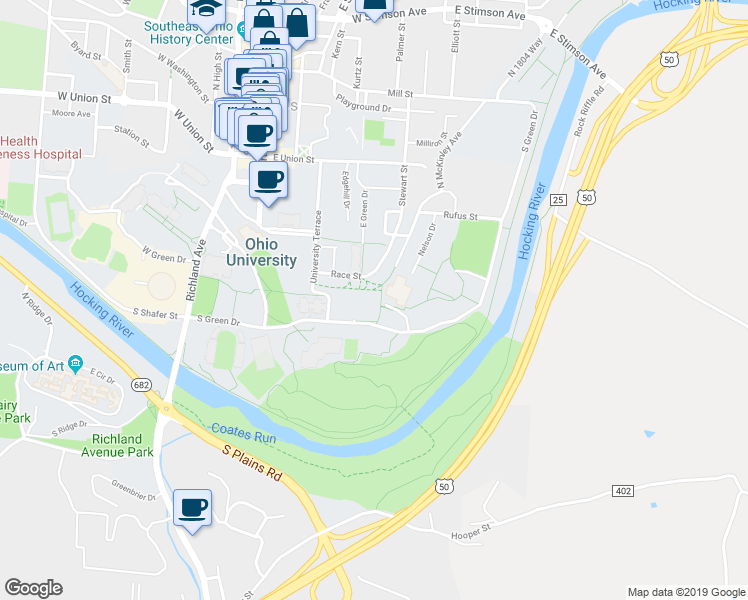 map of restaurants, bars, coffee shops, grocery stores, and more near 121 South Green Drive in Athens