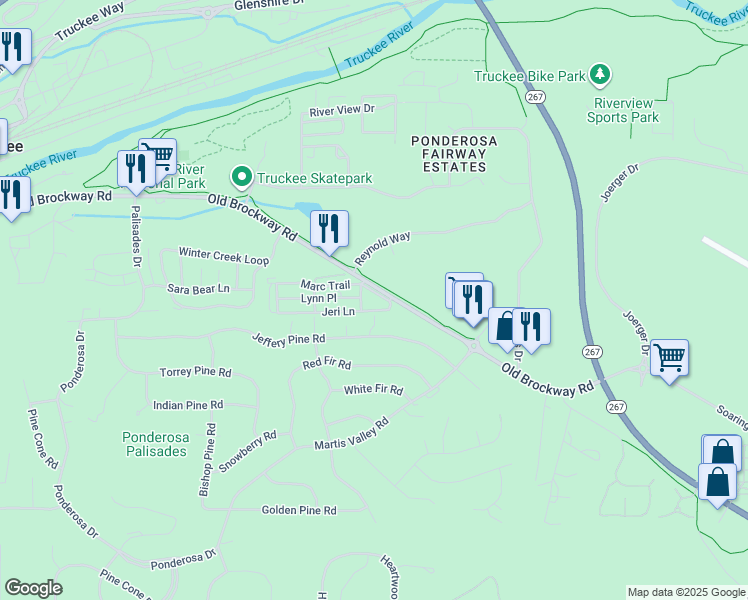 map of restaurants, bars, coffee shops, grocery stores, and more near 11070 Brockway Road in Truckee