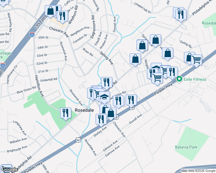 map of restaurants, bars, coffee shops, grocery stores, and more near 8048 Philadelphia Road in Rosedale