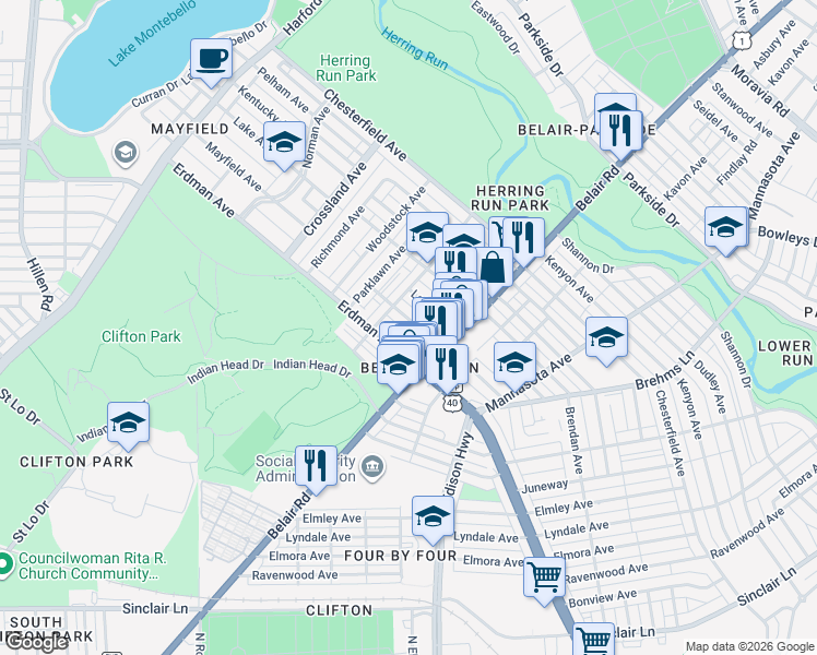 map of restaurants, bars, coffee shops, grocery stores, and more near 2833 Mayfield Avenue in Baltimore