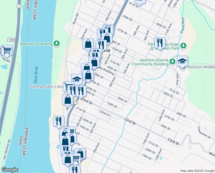 map of restaurants, bars, coffee shops, grocery stores, and more near 800-802 27th St in Vienna