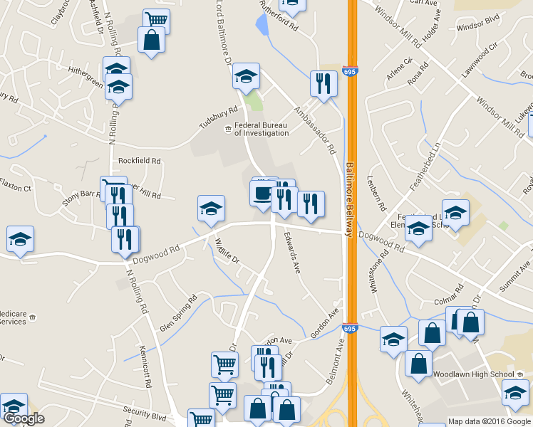 map of restaurants, bars, coffee shops, grocery stores, and more near 6998 Dogwood Road in Baltimore