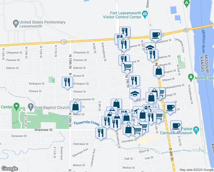 map of restaurants, bars, coffee shops, grocery stores, and more near 611 North Broadway Street in Leavenworth