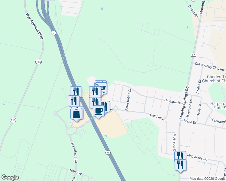 map of restaurants, bars, coffee shops, grocery stores, and more near 50 Cecily Way in Ranson