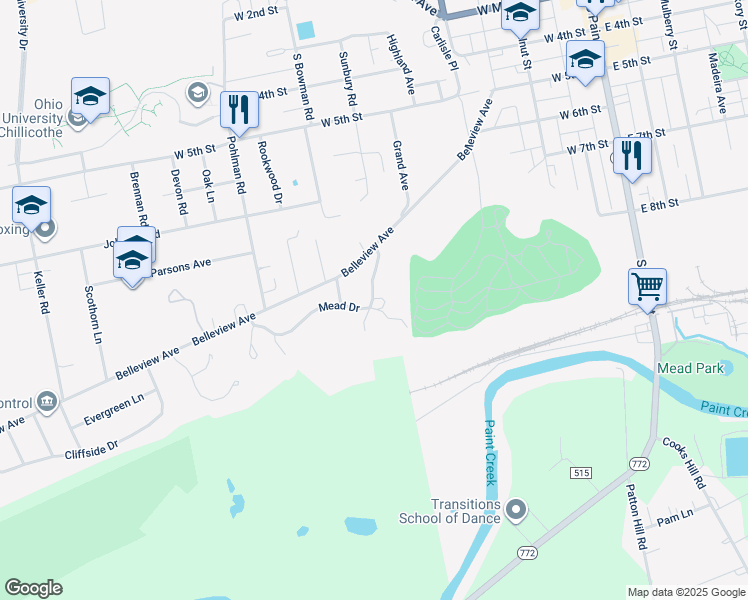 map of restaurants, bars, coffee shops, grocery stores, and more near 17 Mead Drive in Chillicothe