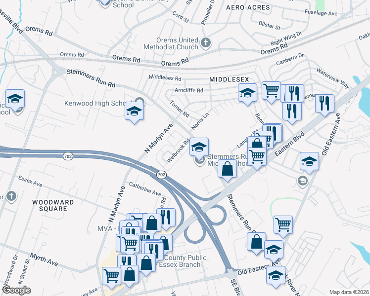 map of restaurants, bars, coffee shops, grocery stores, and more near 571 Welbrook Road in Essex