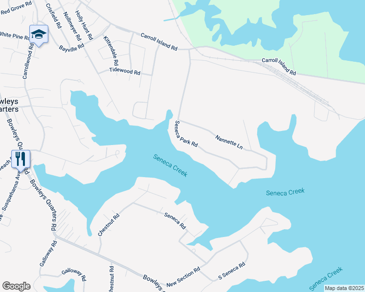 map of restaurants, bars, coffee shops, grocery stores, and more near 806 Seneca Park Road in Middle River