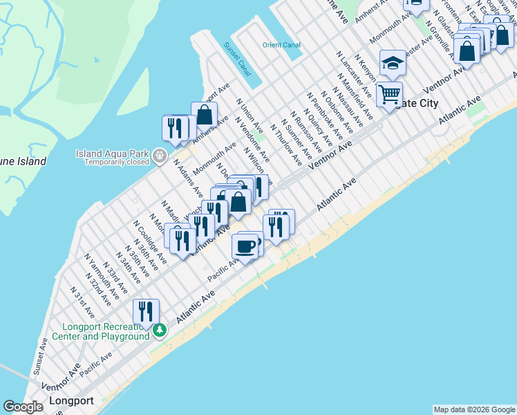 map of restaurants, bars, coffee shops, grocery stores, and more near 8 South Benson Avenue in Margate City