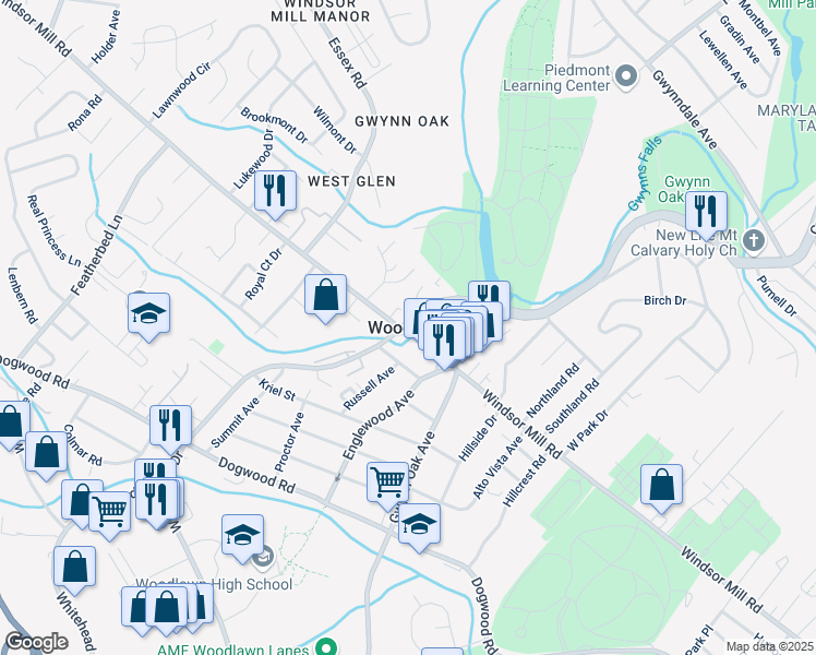 map of restaurants, bars, coffee shops, grocery stores, and more near in Woodlawn
