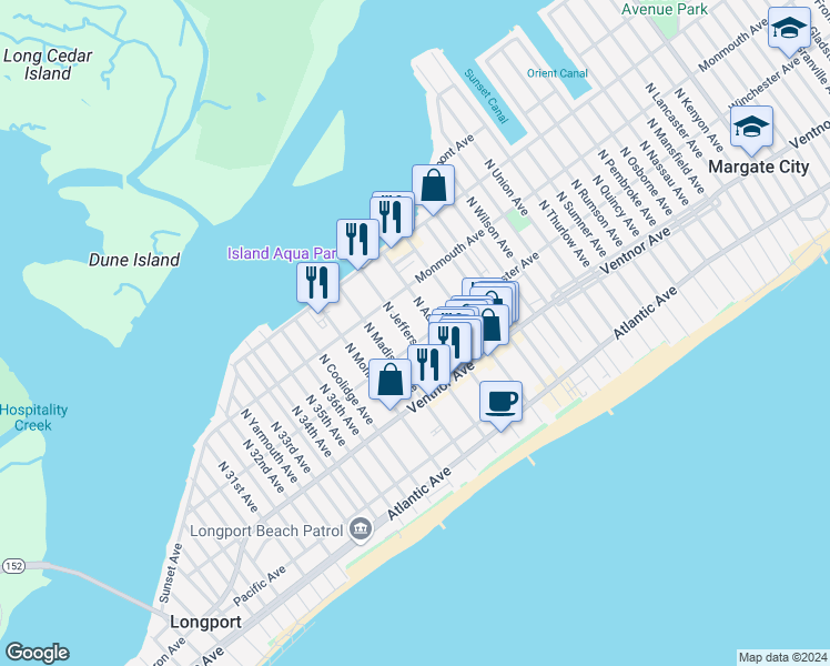 map of restaurants, bars, coffee shops, grocery stores, and more near 9505 Winchester Avenue in Margate City