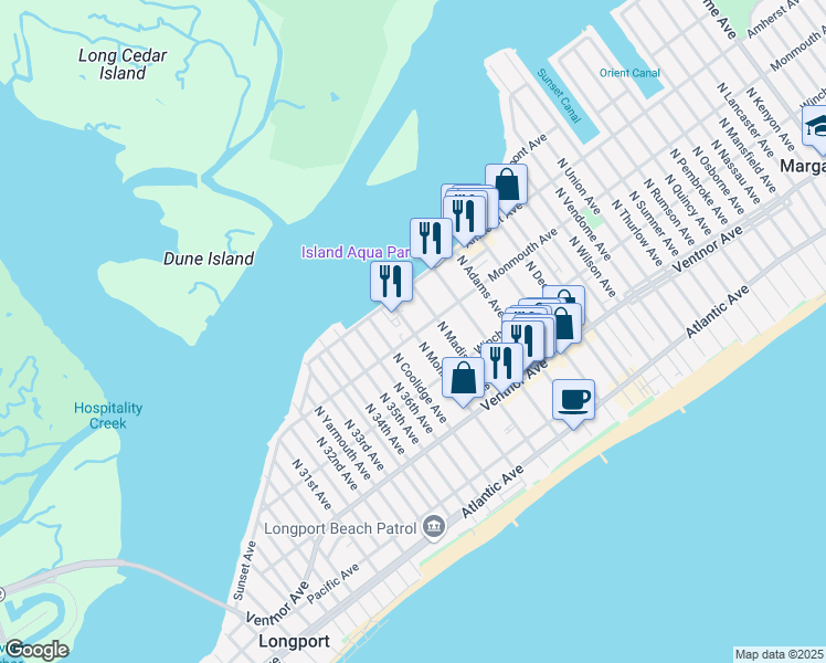 map of restaurants, bars, coffee shops, grocery stores, and more near 9712 Monmouth Avenue in Margate City