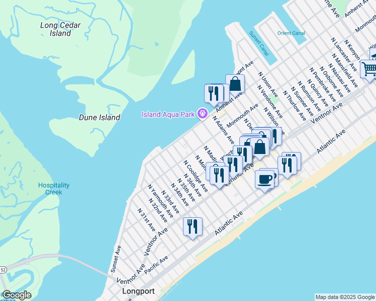 map of restaurants, bars, coffee shops, grocery stores, and more near 9712 Monmouth Avenue in Margate City