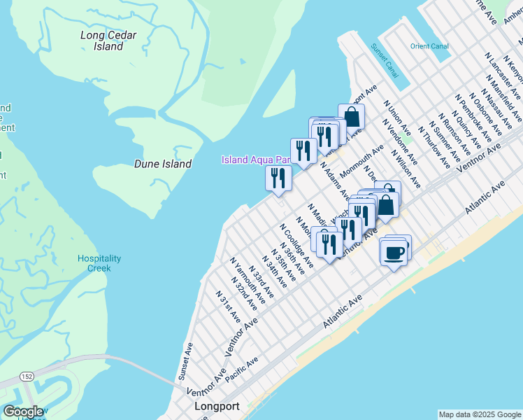 map of restaurants, bars, coffee shops, grocery stores, and more near 212 North 36th Avenue in Longport